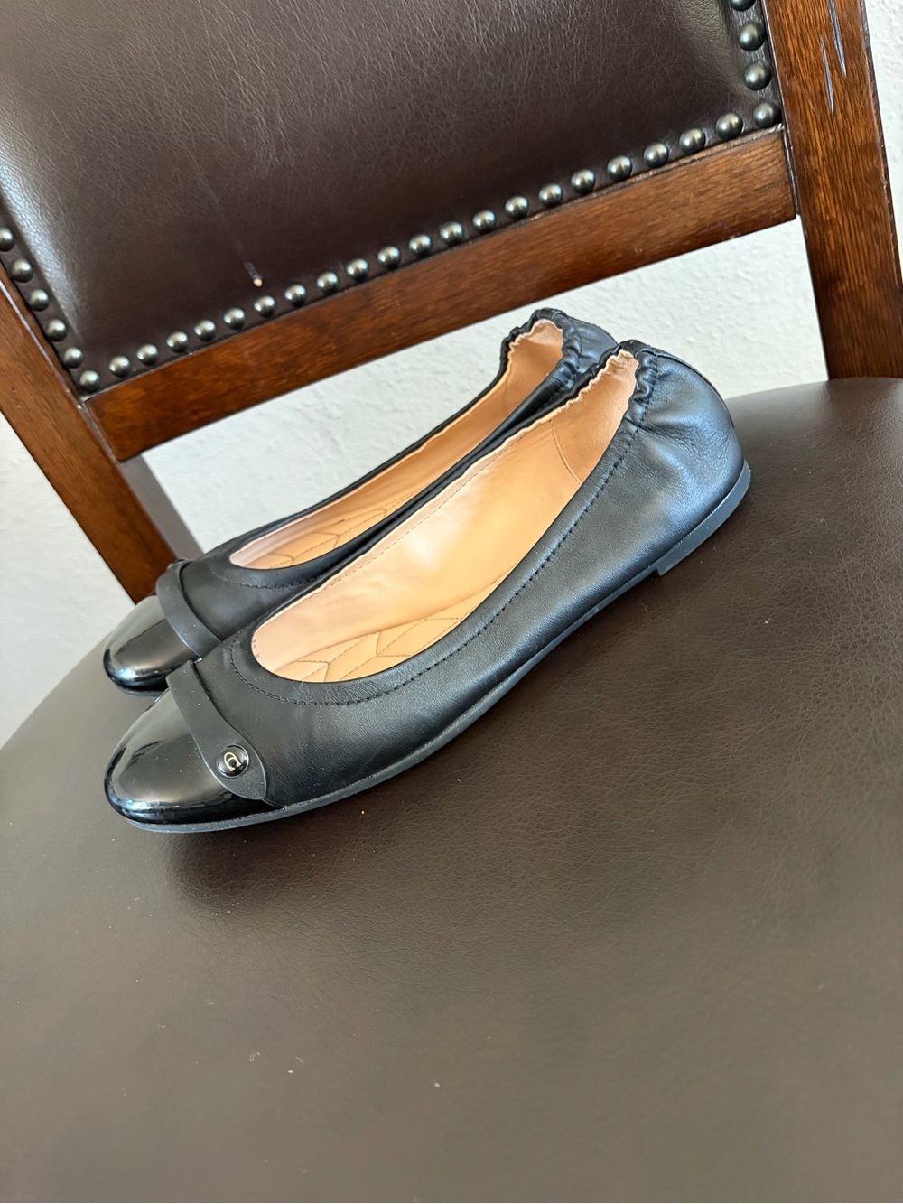 Coach Black Leather Ballet Flats with Patent Toe Cap